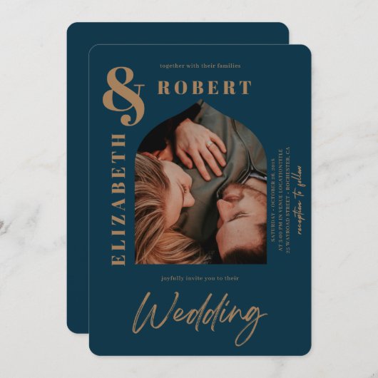 ネイビモダンーはっきりしたはっきりしたスタイリッシュのArched Photos 結婚 招待状 (正面/裏面)