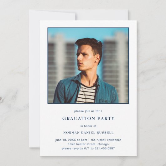 ネイビモダンーはっきりしたブルー写真卒業パーティー 招待状 (正面)