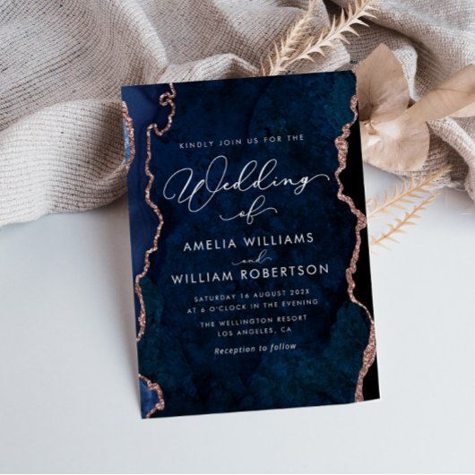 ネイビモダンーエレガントブルーとバラの金ゴールド結婚ズ