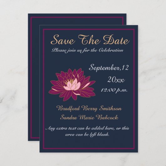 ネイビモダンーエレガントブルーとブルゴーニュのピンクフローラ セーブザデート (正面/裏面)