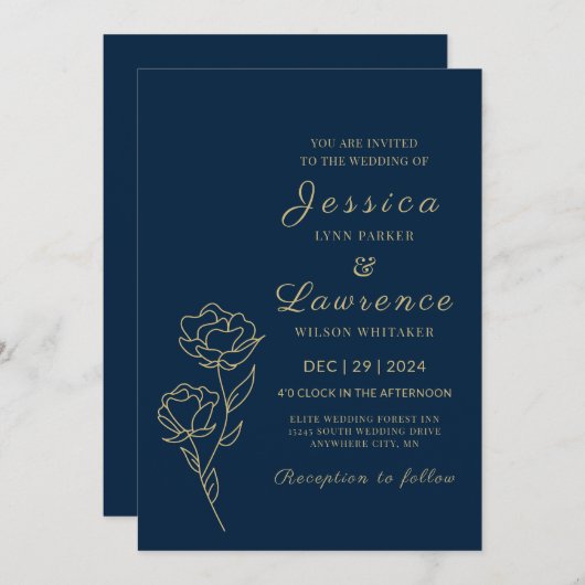 ネイビモダンーエレガントブルーと金ゴールドフローラ結婚ズ 招待状 (正面/裏面)
