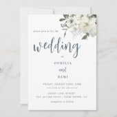 ネイビモダンーエレガントブルーアイボリー結婚フローラ 招待状 (正面)