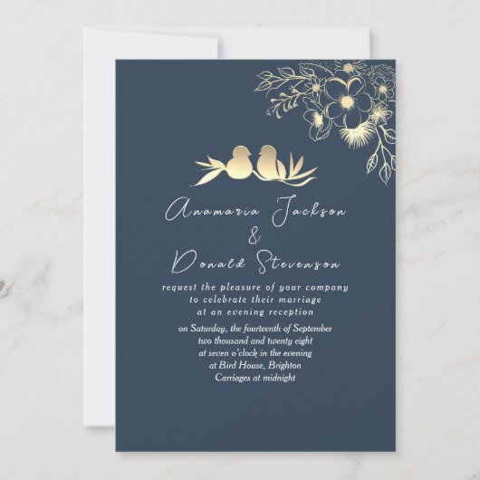 ネイビモダンーエレガントブルーウェディングレセプション 招待状 (正面)