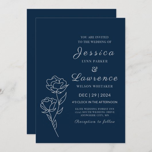 ネイビモダンーエレガントブルーシルバーフローラ結婚ズ 招待状 (正面/裏面)