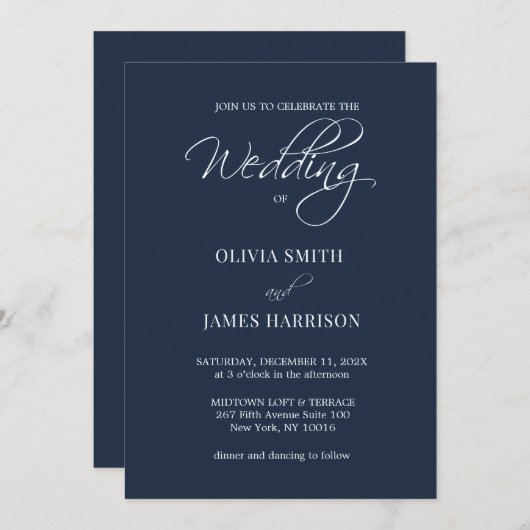 ネイビモダンーエレガントブルーシンプル結婚式招待状 招待状 (正面/裏面)