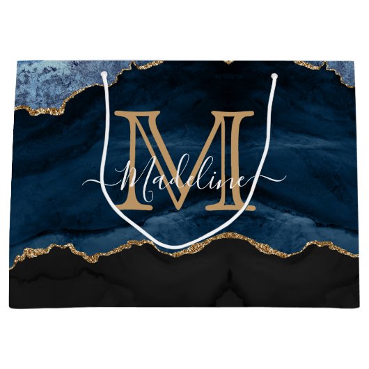 ネイビモダンーエレガントブルー瑪瑙ジオードモノグラム ラージペーパーバッグ (正面)