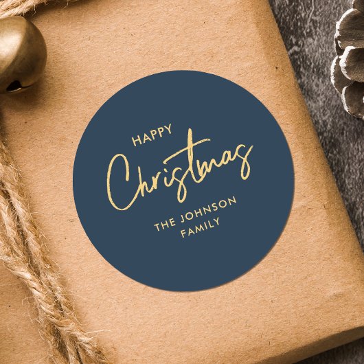 ネイビモダンーエレガントブルー金ゴールドクリスマスホリデー ラウンドシール
