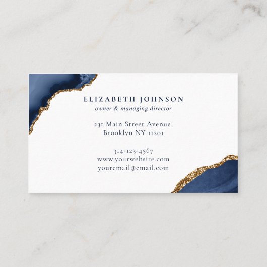 ネイビモダンーエレガントブルー金ゴールドグリッターアゲートマーブル 名刺 (裏面)