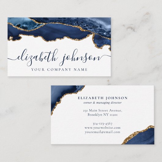 ネイビモダンーエレガントブルー金ゴールドグリッターアゲートマーブル 名刺 (正面/裏面)
