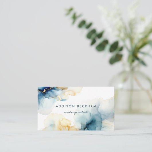 ネイビモダンーエレガントブルー金ゴールド抽象芸術水色 名刺 (スタンド正面)