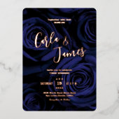 ネイビモダンーエレガントブルー金ゴールド書道結婚の 箔招待状 (正面)