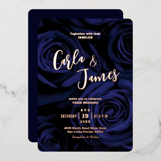 ネイビモダンーエレガントブルー金ゴールド書道結婚の 箔招待状 (正面/裏面)