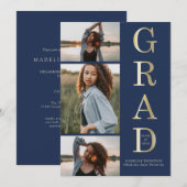 ネイビモダンーエレガントブルー金ゴールド3 Photo Gradation 招待状 (正面/裏面)