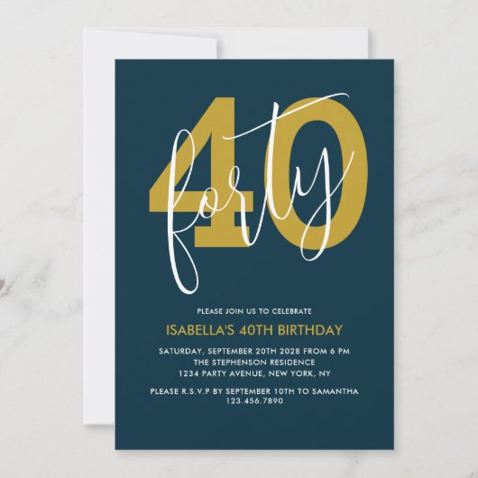 ネイビモダンーエレガントブルー金ゴールド40歳の誕生日 招待状 (正面)