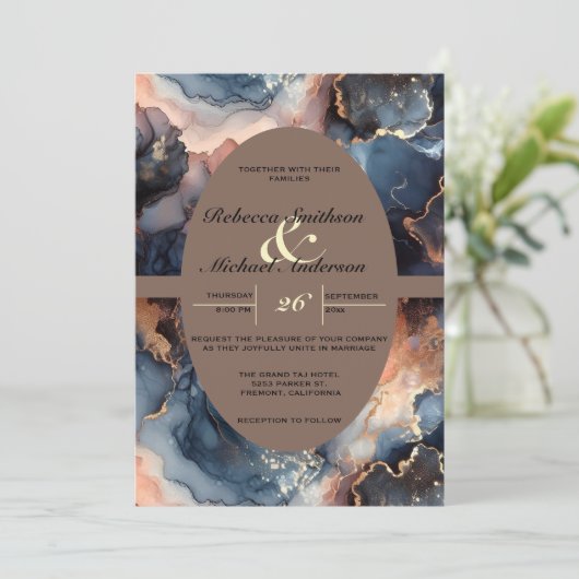 ネイビモダンーエレガントブルー&ピーチウォーターカラーアゲート 招待状 (スタンド正面)