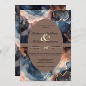 ネイビモダンーエレガントブルー&ピーチウォーターカラーアゲート 招待状 (正面/裏面)