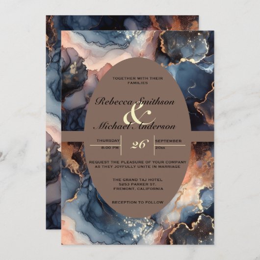 ネイビモダンーエレガントブルー&ピーチウォーターカラーアゲート 招待状 (正面/裏面)