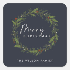 ネイビモダンーエレガントホリーベリーリースクリスマス スクエアシール