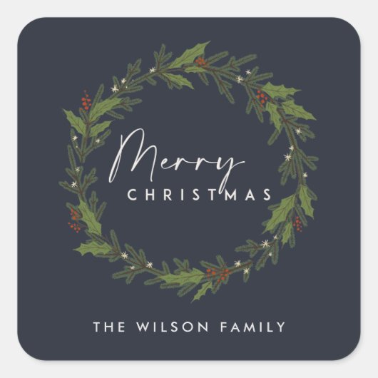 ネイビモダンーエレガントホリーベリーリースクリスマス スクエアシール (正面)