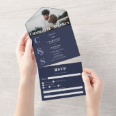 ネイビモダンーカジュアルブルーイニシャル写真結婚s オールインワン招待状 (貼ってはがせる)