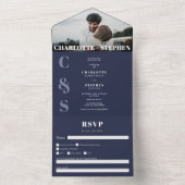 ネイビモダンーカジュアルブルーイニシャル写真結婚s オールインワン招待状 (内側)