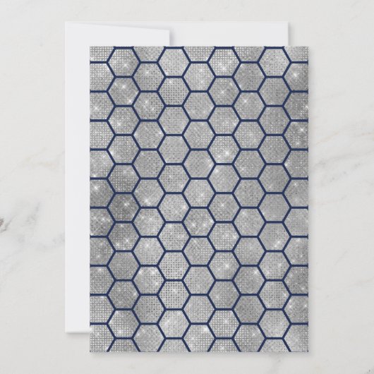 ネイビモダンーシルバーグリッター六角形ジオ甘い16 招待状 (裏面)