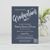 ネイビモダンーススクリプトQRコード写真卒業パーティー 招待状 (スタンド正面)