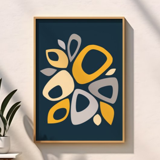 ネイビモダンースタイリッシュブルーマスタード抽象芸術 ポスター