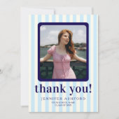 ネイビモダンーストライプのブルー写真卒業 サンキューカード (正面)