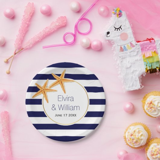 ネイビモダンーストライプブルービーチ結婚式 ペーパープレート (パーティー)