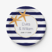 ネイビモダンーストライプブルービーチ結婚式 ペーパープレート (正面)