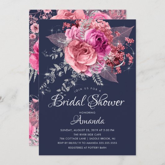 ネイビモダンーピンク&シルバーフローラブライダルシャワー 招待状 (正面/裏面)