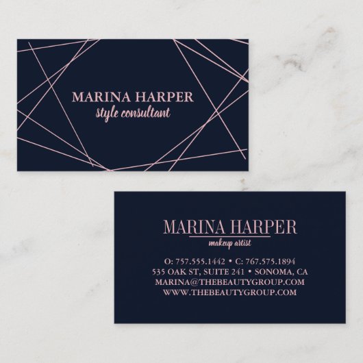 ネイビモダンーフェイクブルー上のバラ金ゴールド幾何学的 名刺 (正面/裏面)