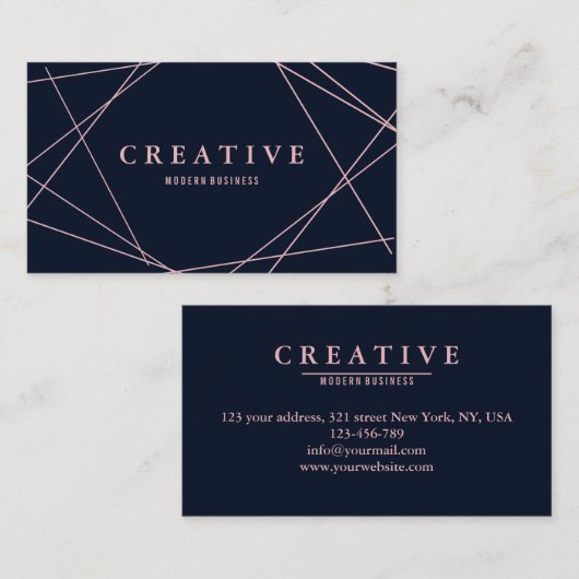 ネイビモダンーフェイクブルー上のバラ金ゴールド幾何学的 名刺 (正面/裏面)