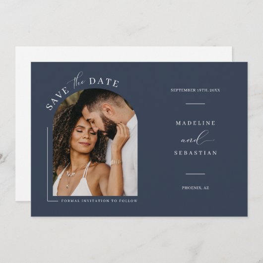 ネイビモダンーブルアーチフォトQRコード日付の保存 招待状 (正面/裏面)