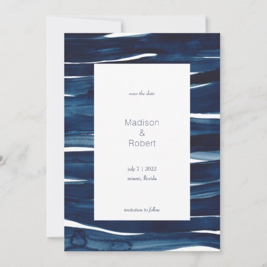 ネイビモダンーブルウォーターの色の波の日付を保存 招待状 (正面)