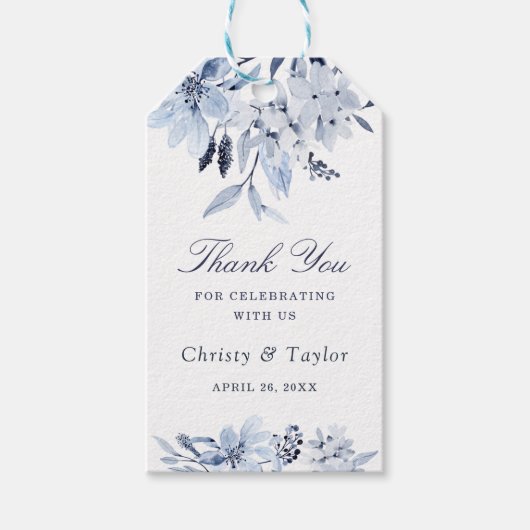 ネイビモダンーブルウォーター色のフローラ結婚ズ ギフトタグ (正面)