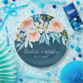 ネイビモダンーブルウォーター色のフローラ結婚ズ ペーパープレート (パーティー)