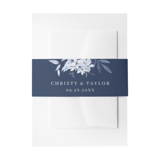 ネイビモダンーブルウォーター色のフローラ結婚ズ 招待状ベリーバンド (正面例)