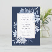 ネイビモダンーブルウォーター色のフローラ結婚ズ 招待状 (スタンド正面)
