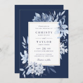 ネイビモダンーブルウォーター色のフローラ結婚ズ 招待状 (正面/裏面)