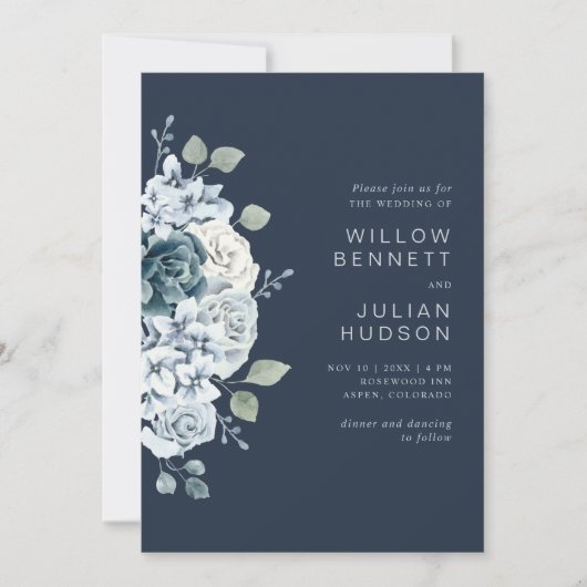 ネイビモダンーブルウォーター色のフローラ結婚ズ 招待状 (正面)