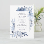 ネイビモダンーブルウォーター色のフローラ結婚ズ 招待状 (スタンド正面)