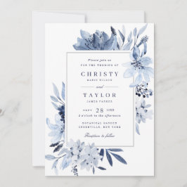 ネイビモダンーブルウォーター色のフローラ結婚ズ 招待状