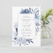 ネイビモダンーブルウォーター色のフローラ結婚ズ 招待状 (スタンド正面)