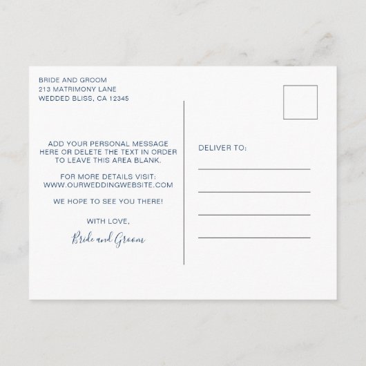 ネイビモダンーブルウォーター色の結婚式の日付を保存 案内ポストカード (裏面)