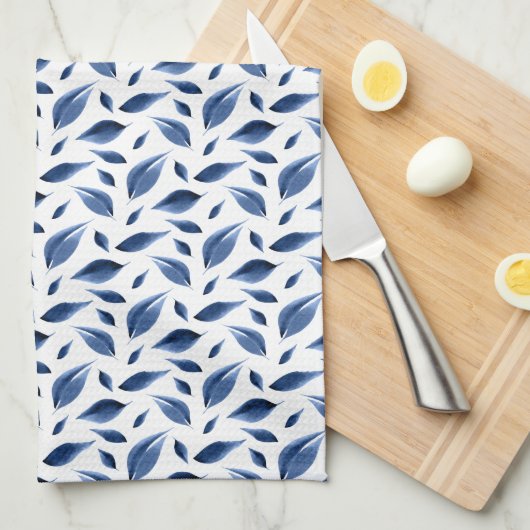 ネイビモダンーブルウォーター色の葉パターン キッチンタオル (四つ折り)