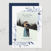 ネイビモダンーブルウォーター色フローラ保存日付 招待状 (正面/裏面)