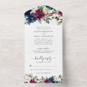 ネイビモダンーブルブルゴーニュエレガントフローラ結婚ズ オールインワン招待状 (内側)