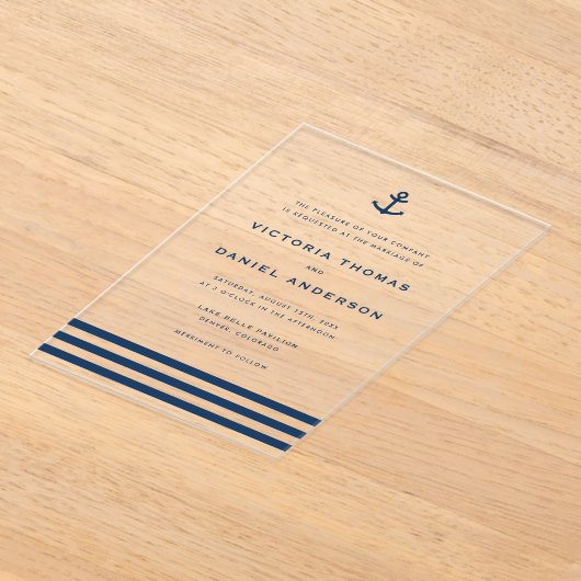 ネイビモダンーブルーいかり航海の結婚ズ アクリル招待状 (レイダウン)